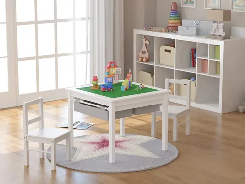 UTEX Juego de mesa de actividades de construcción 2 en 1 de madera para niños y 2 sillas con cajones de almacenamiento, y placa integrada compatible