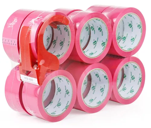 Miniatura 12 de BOMEI PACK Cinta de embalaje rosa con dispensador, 2.4 mil 1.88 pulgadas x 60 yardas, 6 rollos de repuesto de cinta de caja de color para mudanza