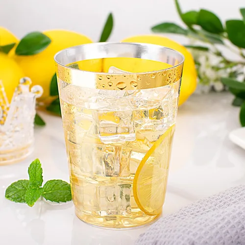 Miniatura 5 de Ciaell 120 vasos de plástico dorados, vasos de plástico transparente resistentes de 10 onzas con borde dorado, vasos desechables con borde dorado