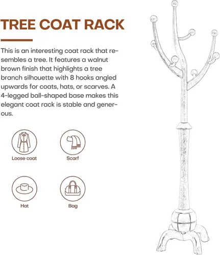 Miniatura 5 de Perchero independiente de madera en forma de árbol con 8 ganchos, diseño creativo con apariencia de rama de árbol, soporte colgador de ropa con base