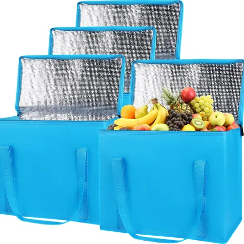 Miniatura 11 de Bolsa térmica, suave y aislada, bolsa de alimentos plegable para entrega de alimentos, portátil, color negro, paquete de 4, tamaño L
