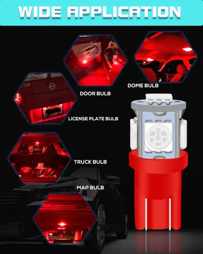 Miniatura 7 de Paquete de 25 bombillas LED 194, bombillas LED T10 súper brillantes, bombillas 2825 5050 Chipset 5-SMD, W5W 168 bombillas LED de repuesto para Rojo