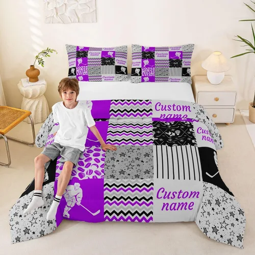 Miniatura 36 de Juego de edredón de softbol personalizado, juego de ropa de cama de retazos a cuadros para niños y niños, edredón de bate de béisbol, juego