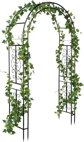 Miniatura 8 de Estructura de arco de jardín al aire libre de metal de Plow & Hearth, de 84 pulgadas de alto, entramado de celosía de hierro para plantas Rojo