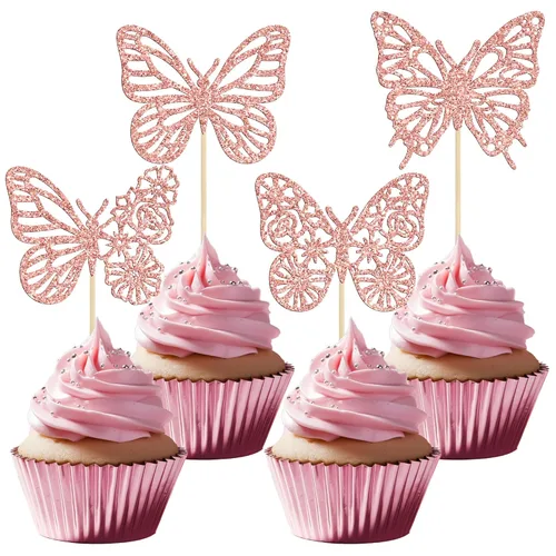 Miniatura 18 de Gyufise Paquete de 24 adornos de mariposa ensamblados con purpurina dorada, decoraciones de mariposa dorada, púas para cupcakes, bodas, 4-dorado