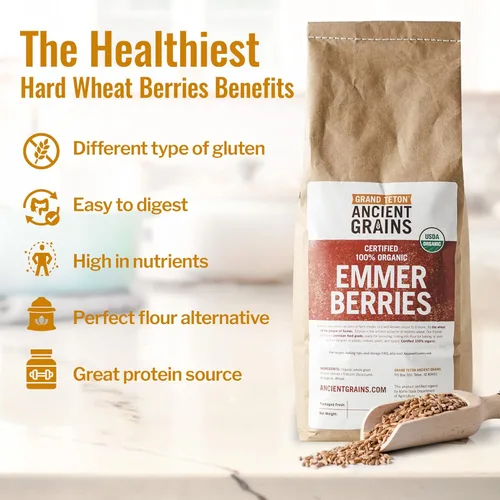 Miniatura 4 de Grand Teton - Granos antiguos de trigo emmer, 100% bayas orgánicas, bayas de trigo emmer orgánico de grado alimenticio premium, trigo farro