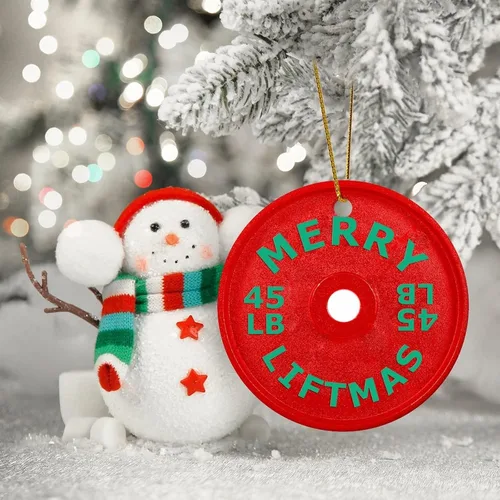 Miniatura 6 de Adorno redondo de cerámica colgante de Navidad, divertido gimnasio con mancuernas blancas de cerámica para colgar recuerdos personalizables