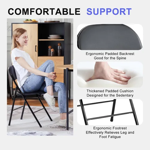 Miniatura 4 de Paquete de 2 sillas plegables, silla comercial apilable portátil, silla de cuero acolchada para interiores y exteriores con marco de metal Negro