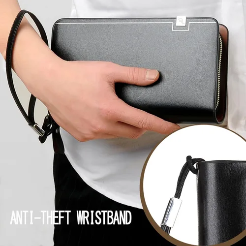 Miniatura 4 de Bolso de mano para hombre, bolso de mano de cuero genuino, con cremallera, cartera larga, para negocios, grande, soporte para teléfono