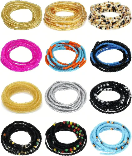 Juego de 12 cuentas de cintura de 50 a 70 pulgadas, hechas a mano, coloridas cuentas africanas para el vientre, joyería para el cuerpo, joyería para