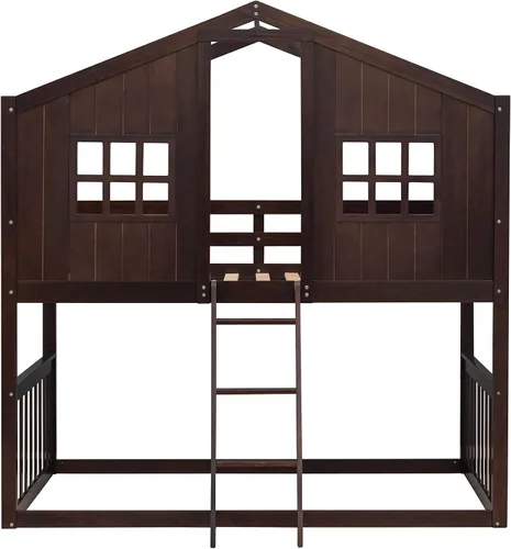 Miniatura 5 de JIVOIT Litera de casa, litera de tamaño individual sobre individual con escalera, litera de madera con barandillas en forma de techo, ventana