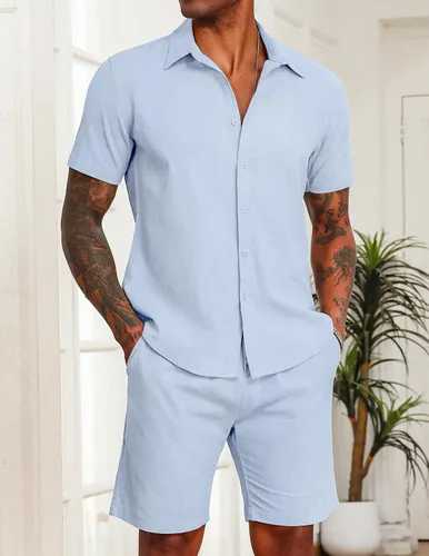 Miniatura 2 de COOFANDY Conjunto de 2 piezas de algodón y lino para hombre, camisas de manga corta con botones, pantalones cortos de playa de verano, trajes
