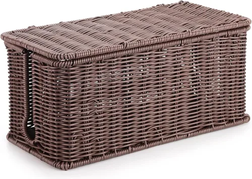 Miniatura 12 de Caja de Gestión de Cables Hecha a Mano Marrón, Organizador de Cables de Ratán de Imitación Caja Ocultadora de Cables, Caja Organizadora de Cables