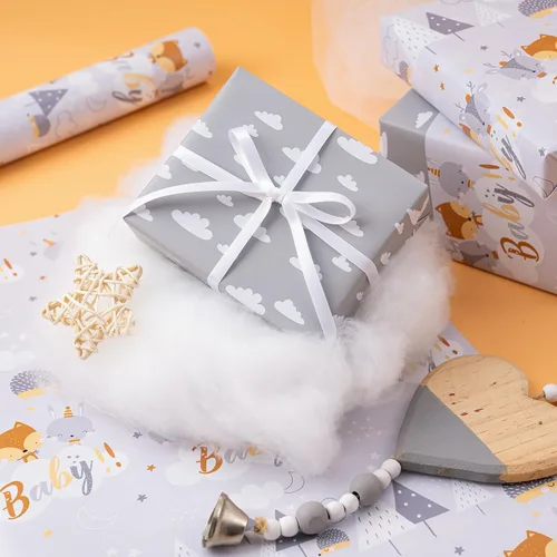 Miniatura 6 de WRAPAHOLIC Papel de regalo reversible para baby shower, mini rollo, 17 pulgadas x 33 pies, diseño de animales grises neutros, baby shower, Baby