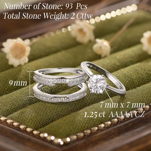 Miniatura 3 de Blongme Juegos de anillos de boda de catedral y clásicos para mujeres, plata esterlina 925, conjunto de anillos nupciales realzador, circonita