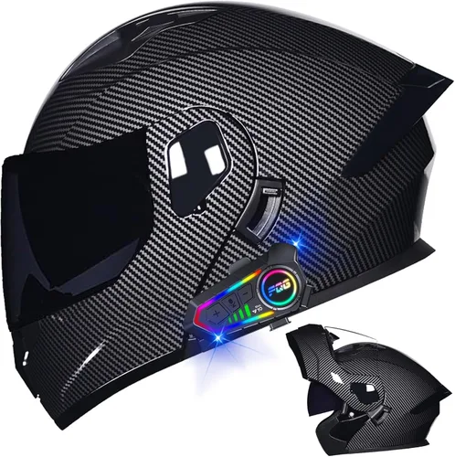 Miniatura 38 de Casco modular Bluetooth para motocicleta, aprobado por DOT, de cara completa, abatible, antivaho, doble visera, casco de motocicleta de calle, LENTE