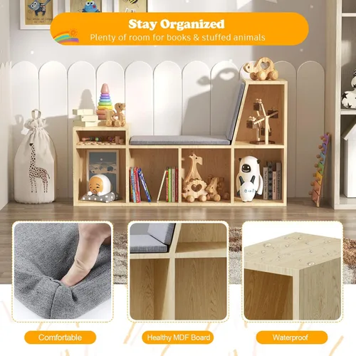 Miniatura 4 de HedoAjim Rincón de lectura para niños con almacenamiento, estantería infantil de 6 cubos con cojín de asiento suave, banco de lectura para sala