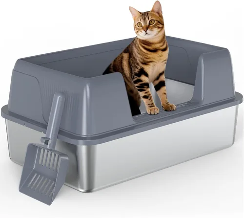 Miniatura 8 de Vivifying Caja de arena para gatos de acero inoxidable, caja de arena grande semicerrada con tapa y alfombra, bandeja de metal antifugas para una