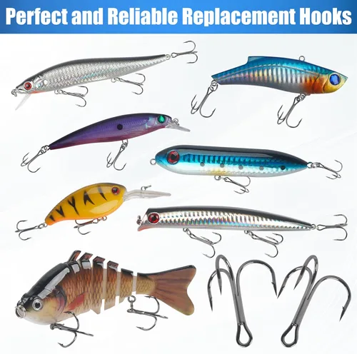 Miniatura 5 de Fishing Treble Hooks Kit, High Carbon Steel Treble Hook Strong Sharp Round Bend Fishing Hook Triple Fish Hook with Split Rings for Trout Hard Bait