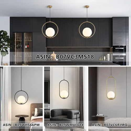 Miniatura 9 de KCO Moderna lámpara colgante de globo dorado con 1 luz individual de cristal blanco para isla de cocina, lámpara colgante ajustable de mediados