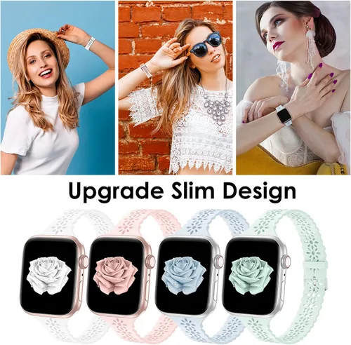 Miniatura 2 de Bandiction - Paquete de 4 correas de silicona de encaje compatibles con Apple Watch de 38mm 40mm 41mm 42mm 44mm 45mm 46mm 49mm, correa delgada