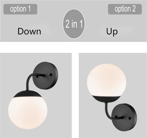 Miniatura 3 de Juego de 2 apliques de pared negros de estilo nórdico moderno con forma de globo lechoso para tocador de baño