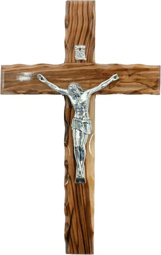 Zuluf Cruz latina de madera de olivo de 7.8 "con crucifijo chapado en plata, regalo de pared cristiana de Belén Tierra Santa CRS064