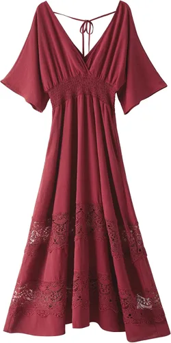 Miniatura 63 de Vestido largo de encaje para mujer de manga corta y cuello en V, vestido de fiesta estilo bohemio con cintura fruncida, vestido bohemio para mujer