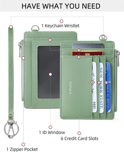 Miniatura 3 de Cartera de cuero suave con bloqueo RFID para mujer, con bolsillo con cremallera, pulsera delgada, Verde, Elegancia clásica