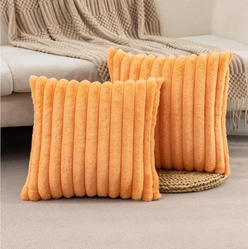 Miniatura 18 de ZLINA Juego de 2 fundas de almohada decorativas de piel sintética color albaricoque, fundas de cojín esponjosas a rayas, 16 x 16 pulgadas