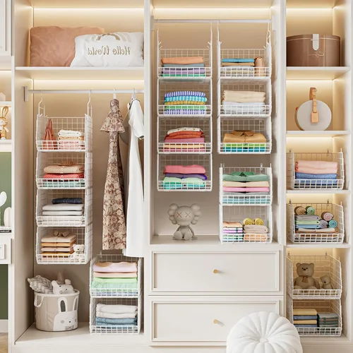 Miniatura 8 de Organizador de armario colgante plegable extra profundo de 4", estantes pequeños de alambre para gabinete y almacenamiento con 5 ganchos en S, Blanco