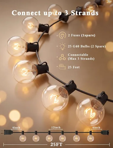 Miniatura 2 de Abeja Guirnalda de luces de patio al aire libre de 25 pies, tira de luces G40 para exteriores con 27 bombillas transparentes, luz colgante