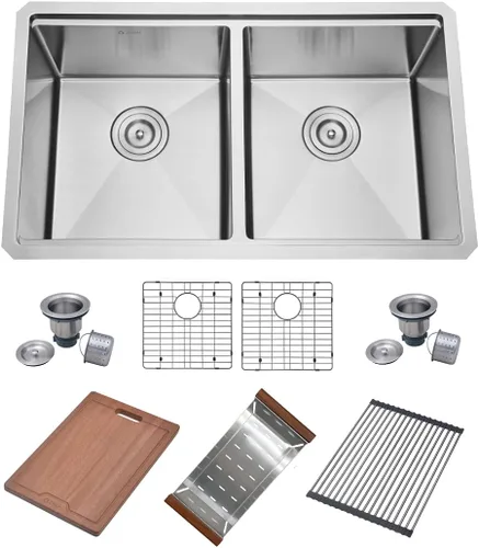 ZEEK Fregadero de cocina con estación de trabajo de doble cuenco de montaje inferior 32 con accesorios, calibre 16, acero inoxidable 50/50 tazón