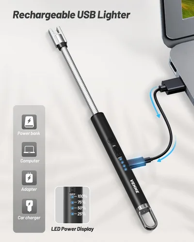 Miniatura 5 de VEHHE - Encendedor de velas eléctrico, encendedor de arco recargable con batería LED, pantalla de batería, cuello flexible largo, USB, encendedores