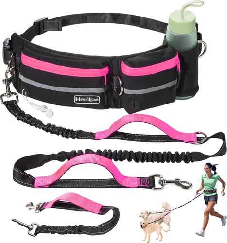 Miniatura 11 de Correa para perro con cinturón, costuras reflectantes, asas dobles, diseño retráctil elástico, perfecto para correr, negro, adecuado para perros