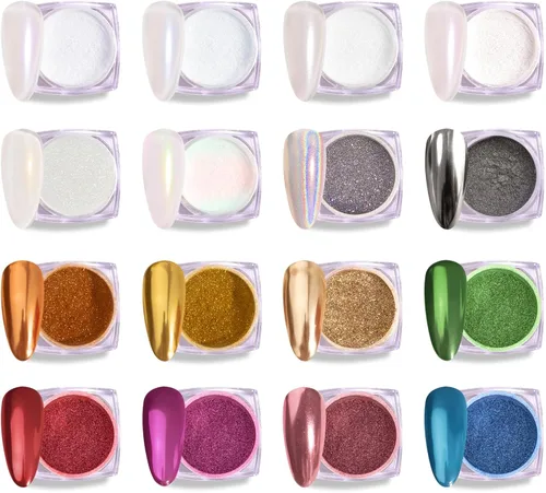 MelodySusie 16 piezas de polvo para uñas cromado para uñas de gel, pigmento de efecto espejo metálico elegante y fino brillo tecnológico para uso en