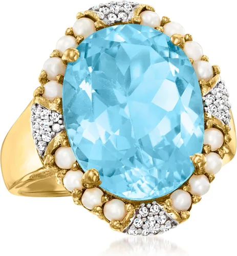 Miniatura 4 de Ross-Simons Anillo de topacio azul cielo de 11.00 quilates con diamantes y perlas de semillas de 0.10 quilates en oro de 18 quilates sobre plata