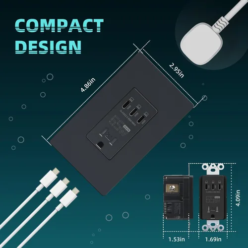 Miniatura 6 de TOPELER Tomacorriente USB de pared negra, tomacorriente USB de carga ultrarrápida GaN de 65W para laptop, receptáculo resistente a manipulaciones
