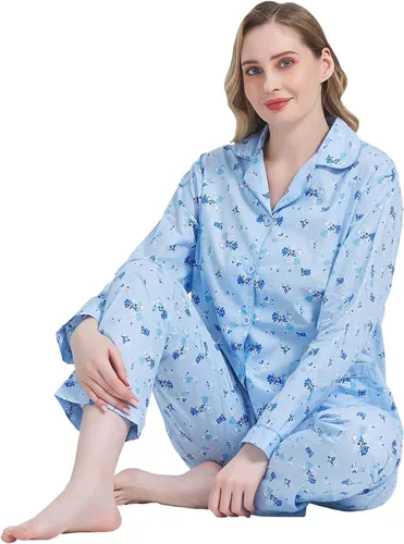 Miniatura 6 de Amaxer Conjunto de pijama 100% algodón para mujer, de manga larga, suave, con botones, con cordón elástico