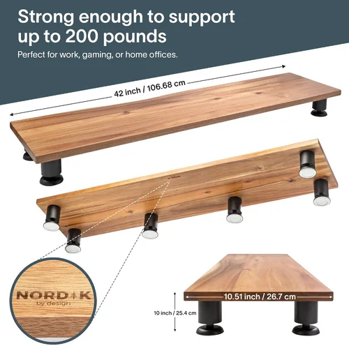 Miniatura 4 de Nordik - Elevador grande de doble monitor para 2 – 42.5 pulgadas de madera dura de acacia hecha a mano – Estante de madera organizador de escritorio