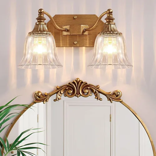 Lámparas de baño vintage doradas, 2 luces, lámpara de tocador de baño, accesorios de iluminación dorados cepillados antiguos sobre espejo con