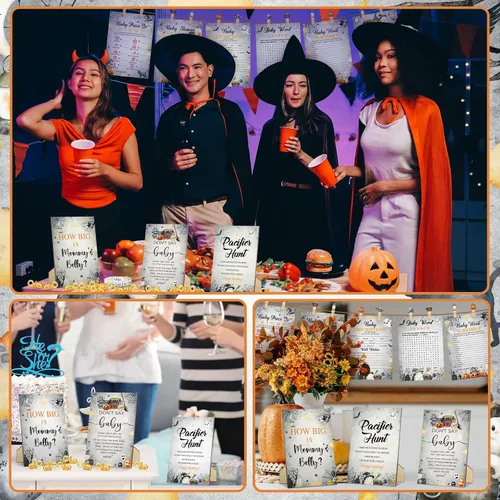 Miniatura 4 de Sherr 476 piezas Juegos de baby shower de Halloween 6 sets Actividades Tarjetas Juego de búsqueda de chupetes 50 chupetes Cuánto crece el vientre