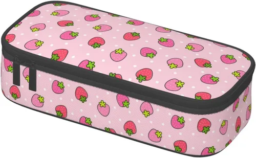 Miniatura 3 de Estuche para lápices con lunares rosados de fresa de gran capacidad, bolsa de papelería con cremallera, soporte portátil para bolígrafos