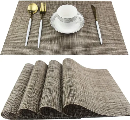 Miniatura 23 de Manteles individuales para mesa de comedor, lavables y fáciles de limpiar, camino de mesa de PVC (1 camino de mesa y 6 manteles individuales, negro)