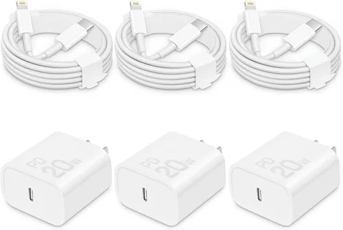 CXX Cargador rápido para iPhone [3 unidades, certificado MFi], bloque PD USB-C de 20 W con cable de carga de 6 pies compatible con iPhone Blanco