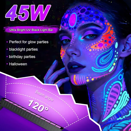 Miniatura 3 de Paquete de 2 barras de luz negra UV de 45 W, luces negras LED de 395 NM para fiesta brillante, pintura corporal, Halloween, carteles fluorescentes