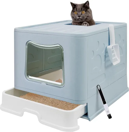 Miniatura 10 de Caja de arena plegable para gatos con tapa, orinal cerrado, inodoro grande de entrada superior antisalpicaduras, fácil de limpiar, incluye pala