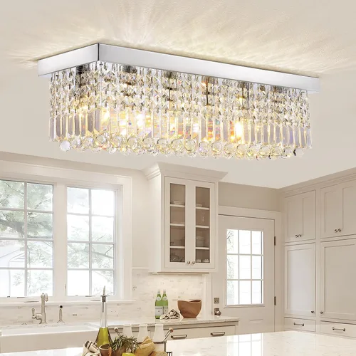 Miniatura 11 de Candelabros Modernos de Cristal para Lámpara de Comedor, Candelabro de Techo Rectangular Dorado de 6 Luces para Isla de Cocina y Sala de Estar