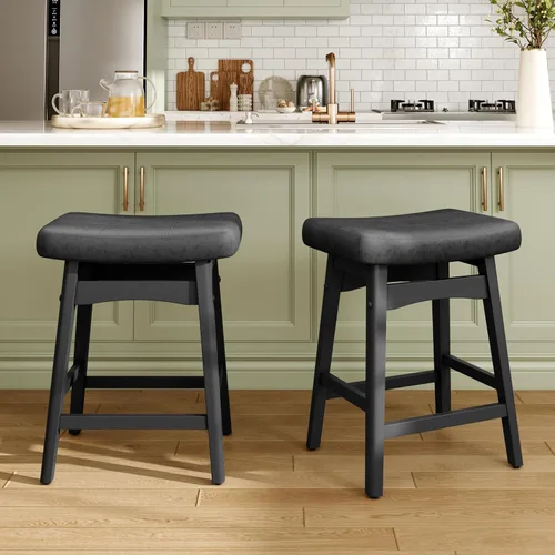Miniatura 32 de MAISON ARTS Juego de 4 taburetes de bar grises para encimera de cocina, patas de madera maciza con asiento de silla de montar de piel sintética