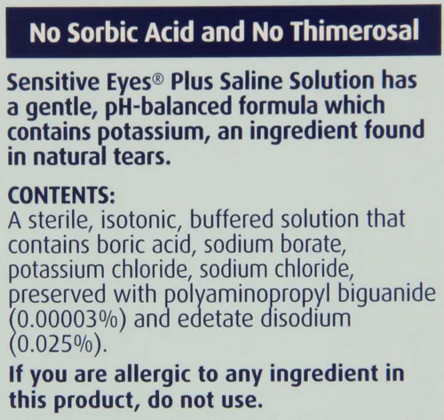 Miniatura 4 de Sensitive Eyes Solución salina de Bausch & Lomb, para lentes de contacto suave y permeables a los gases, solución salina con potasio, 12 fl oz
